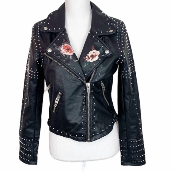 BlankNYC Black Vegan Leather Floral Studded Spiked Moto Jacket - Picture 4 of 10